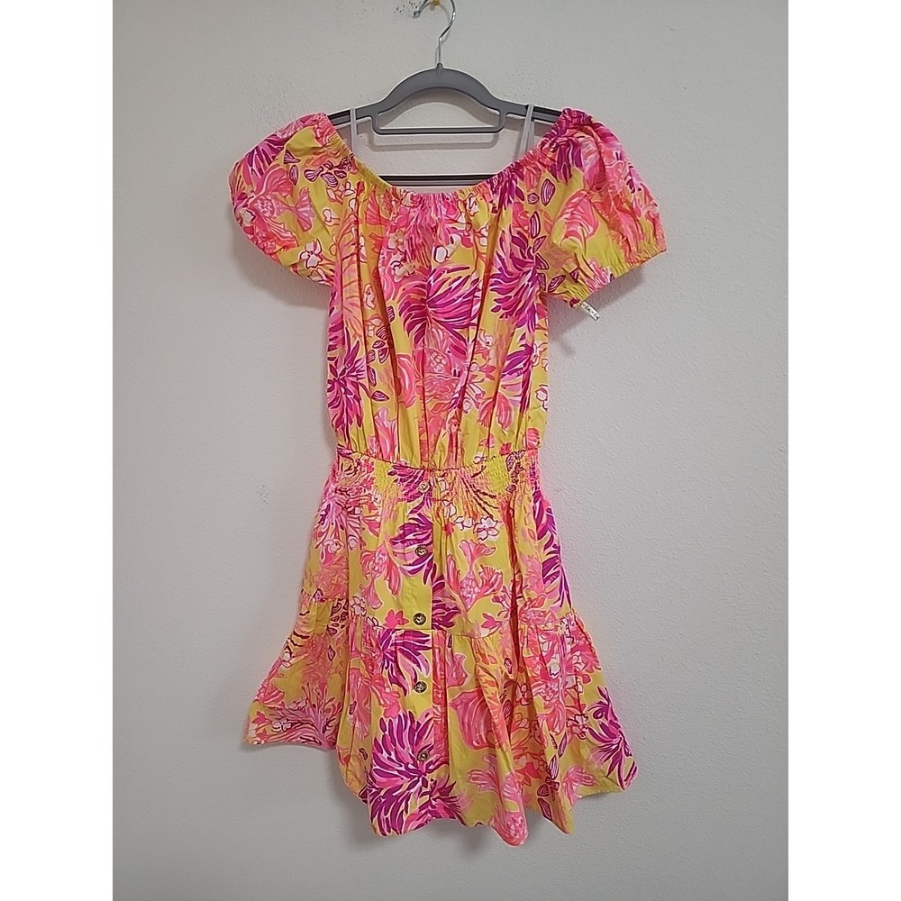 Lilly Pulitzer Jesiba Off-The-Shoulder Romper Calla Yellow Floral Coral XS NEW‎